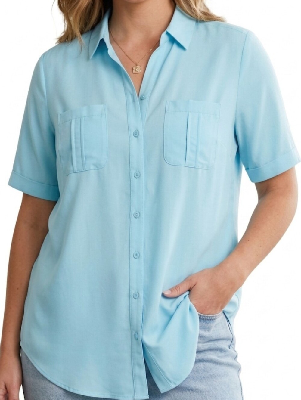 Chicos Aqua Silky Soft Short Sleeve Button Front Shirt Size Large